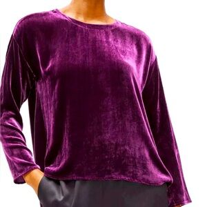 Eileen Fisher Silk Blend Velvet Round Neck Box Top in Raisin Size PS Orig. $278